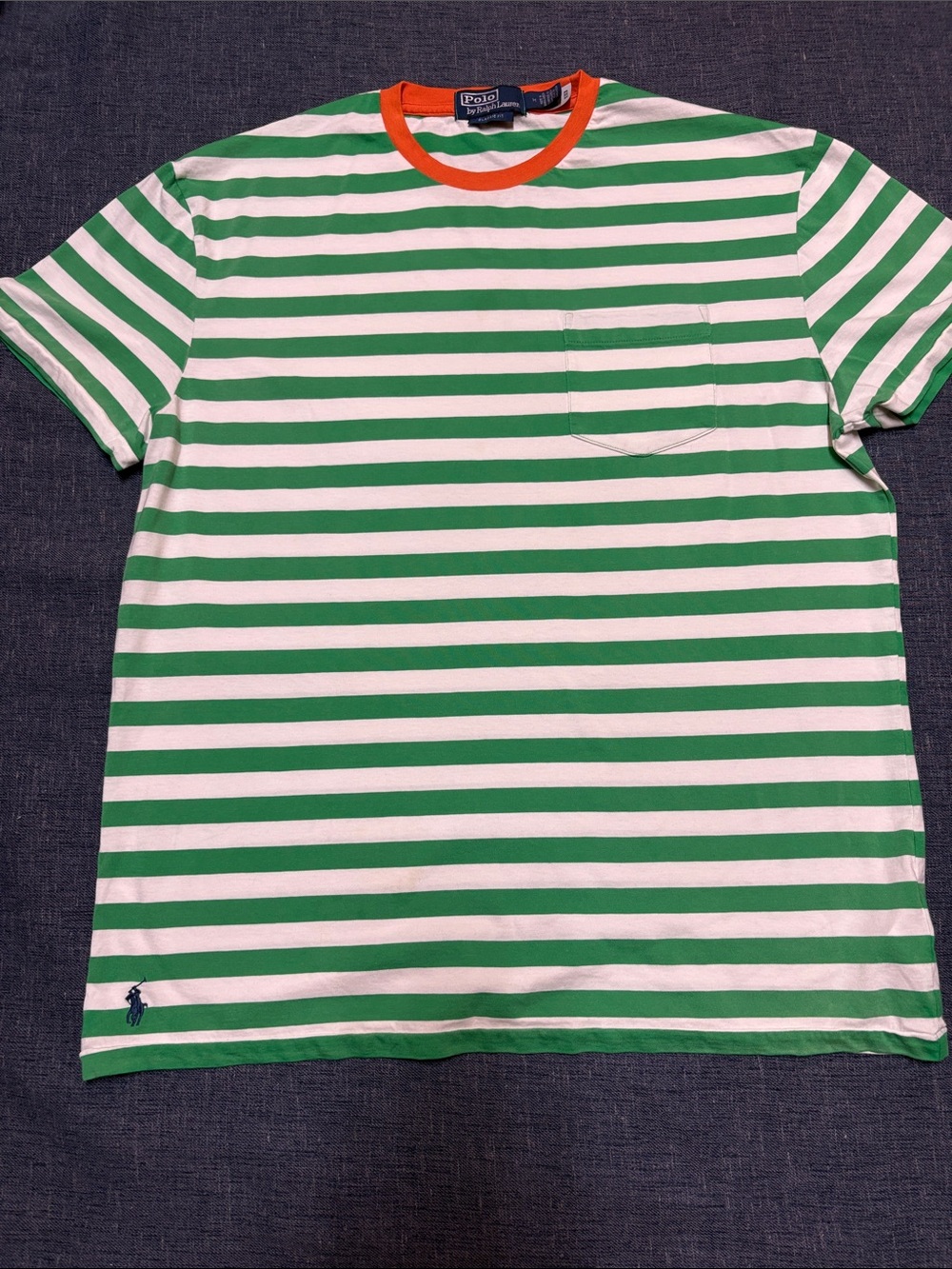 Polo by Ralph Lauren Green & White Striped Tee with Orange Neck size M NWOT